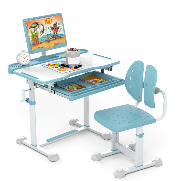 Height-Adjustable Kid's Study Desk and Chair Set with Tilt Desktop and Footrest Bar-