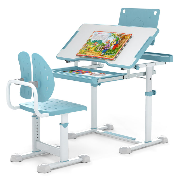 Height-Adjustable Kid's Study Desk and Chair Set with Tilt Desktop and Footrest Bar-