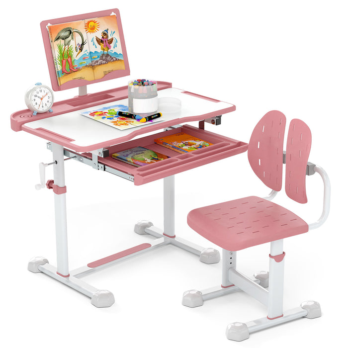 Height-Adjustable Kid's Study Desk and Chair Set with Tilt Desktop and Footrest Bar-