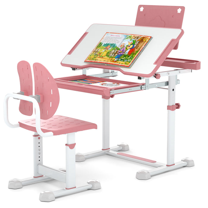 Height-Adjustable Kid's Study Desk and Chair Set with Tilt Desktop and Footrest Bar-