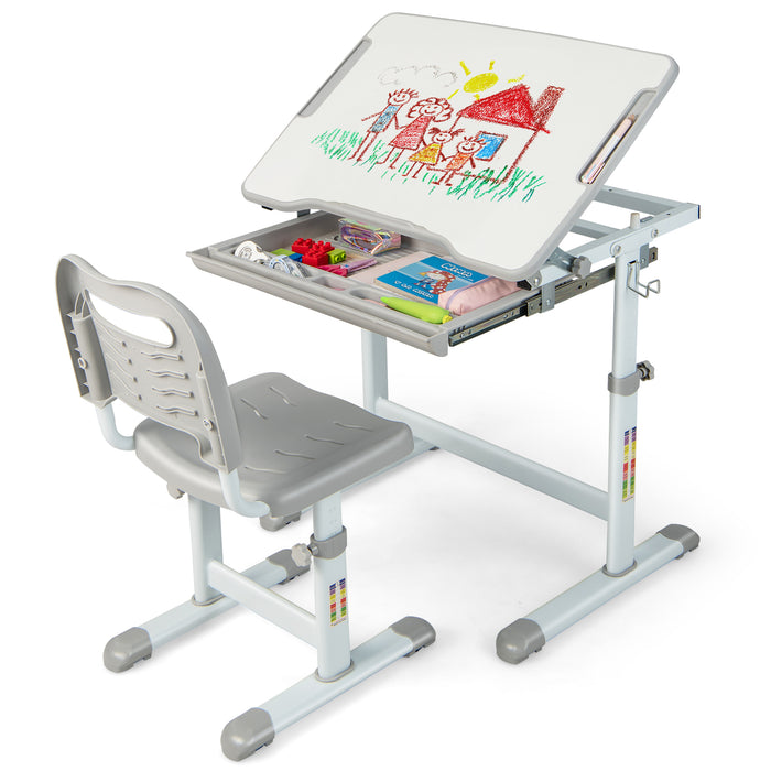 Height Adjustable Kids Study Table and Chair Set with Tilting Tabletop-