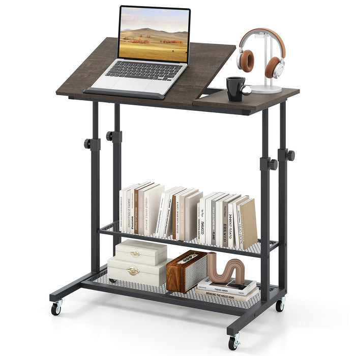 Mobile Stand up Height Adjustable Sit Stand Desk with Tilting Tabletop-