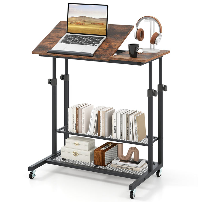 Mobile Stand up Height Adjustable Sit Stand Desk with Tilting Tabletop-