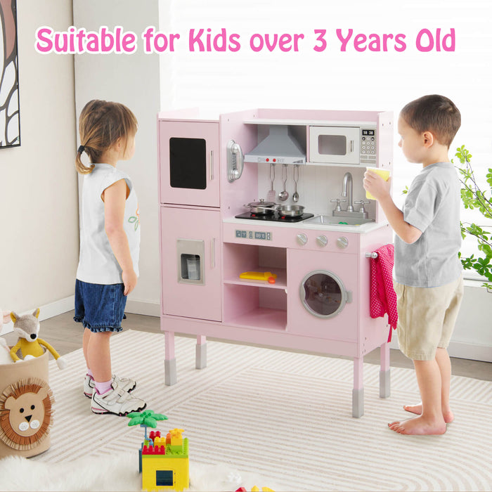Height Adjustable Wooden Kid Play Kitchen Set with Light-