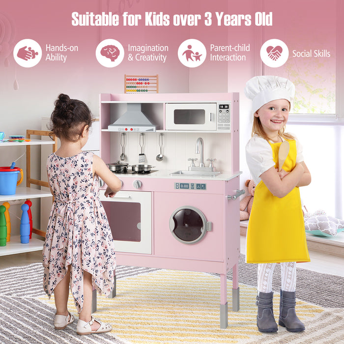 Adjustable Wooden Kids Play Kitchen with Washing Machine-