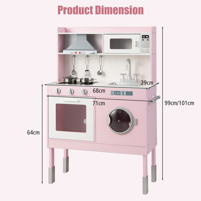 Adjustable Wooden Kids Play Kitchen with Washing Machine-