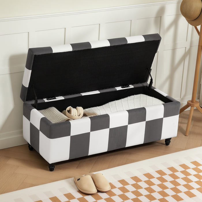 HOMCOM 114 x 47 x 47cm Velvet Storage Ottoman, Button-tufted Footstool Box, Toy Chest with Lid for Living Room, Bedroom, Dark Grey and White