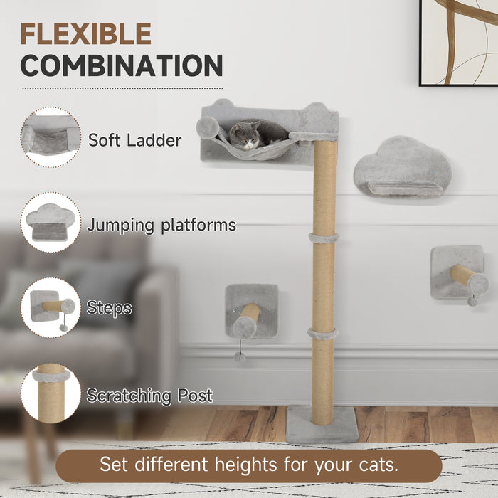 PawHut 4 Piece Cat Shelves w/ Scratching Post, Steps, Jumping Platform, Ladder, Toy Balls, for Indoor Cats, Light Grey | Aosom UK