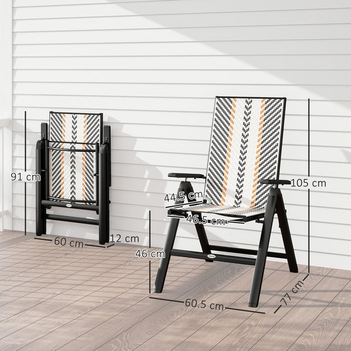 Outsunny Outdoor Rattan Folding Chair with 5-Position Adjustable Backrest, Wicker Garden Dining Chair with Wide Armrest, Set of 2 for Patio, Terrace, Balcony, Black