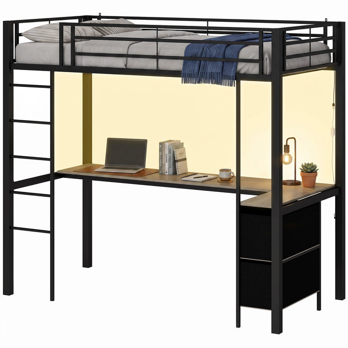 HOMCOM Metal Bunk Bed with Desk, High Sleeper Bed with LED Light and Safety Guardrail for Teens Adults, No Box Spring Needed