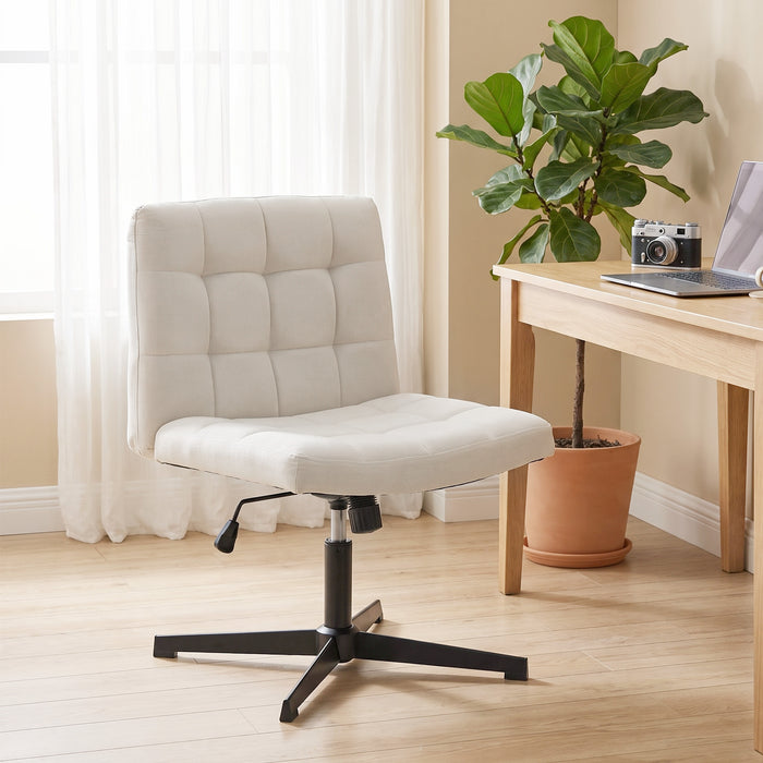 HOMCOM Armless Office Chair, Cross Legged Linen Computer Desk Vanity Chair with Wide Seat, Rocking Function, Beige