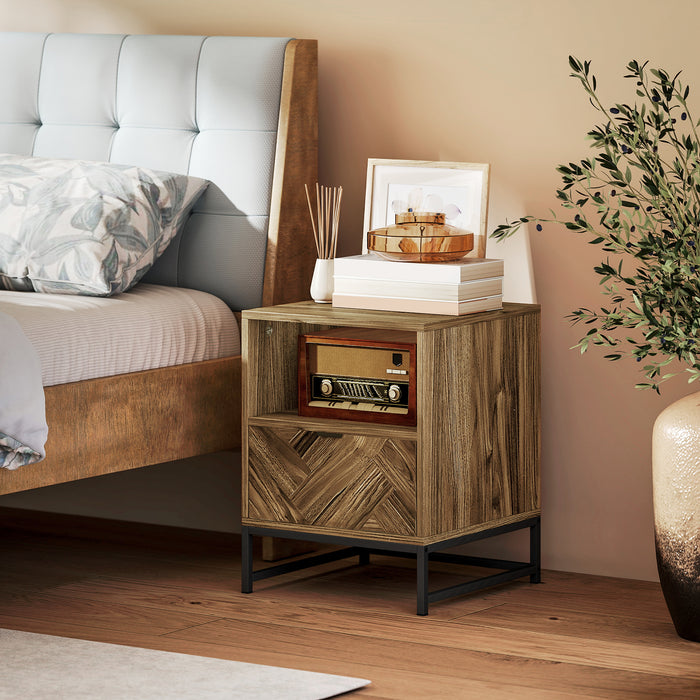 HOMCOM Bedside Table with Drawer and Shelf, Side End Table with Steel Legs for Living Room, Bedroom, Brown Wood Effect