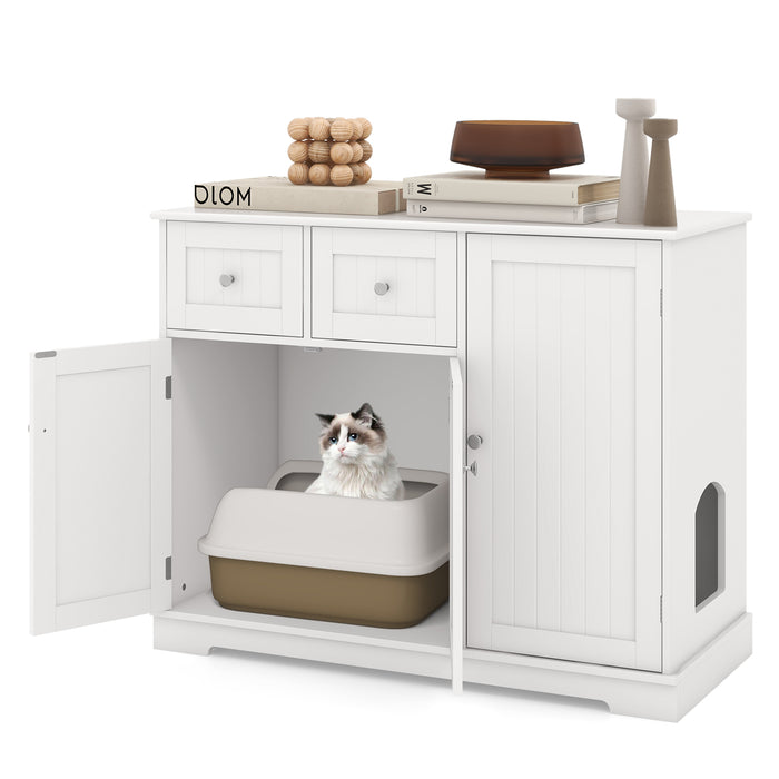 Hidden Cat Washroom Side Cabinet Wooden Pet House with 2 Drawers-