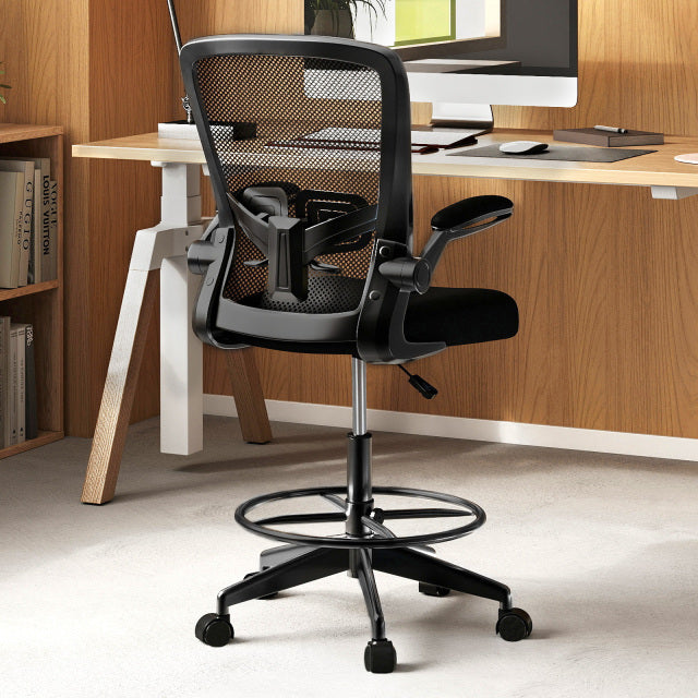 High Back Mesh Office Chair with Flip-up Armrests Footrest Ring Set of 2-