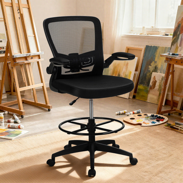High Back Mesh Office Chair with Flip-up Armrests Footrest Ring Set of 2-