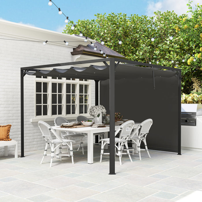 Outsunny 3 x 3(m) Garden Pergola with Retractable Roof Canopy and Roller Shade, Aluminium Pergola Kit Gazebo, UPF30+ Sun Shade Shelter for Deck, Porch, Dark Grey