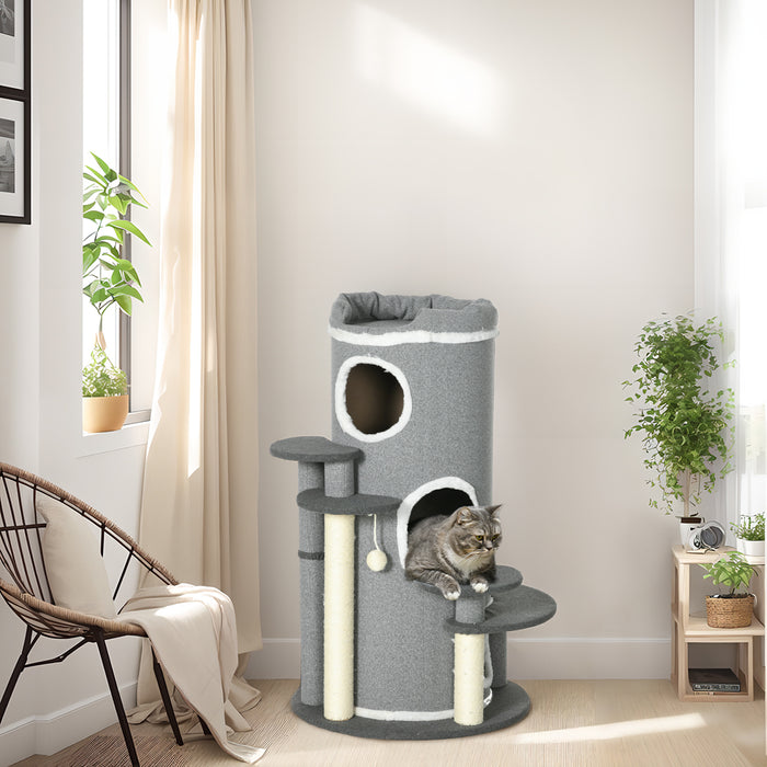 Barrel Shaped Cat Tree with Sisal Scratching Posts - Multi-Level Playground with Cat Bed & Platforms, Hanging Toy - Perfect for Scratching, Climbing, and Napping