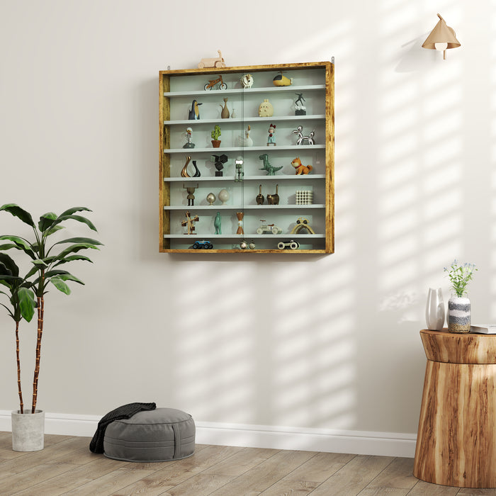 HOMCOM 7-Tier Wall Display Shelf Unit Cabinet w/ 6 Adjustable Shelves Glass Doors Home Office Ornaments 83x80cm, Oak