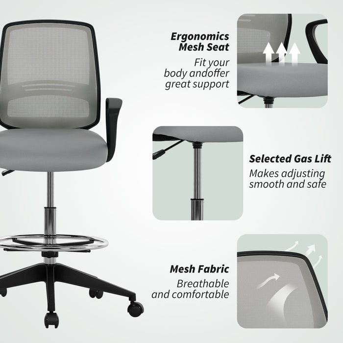 Vinsetto 100-120cm Draughtsman Office Chair, with Footrest - Light Grey