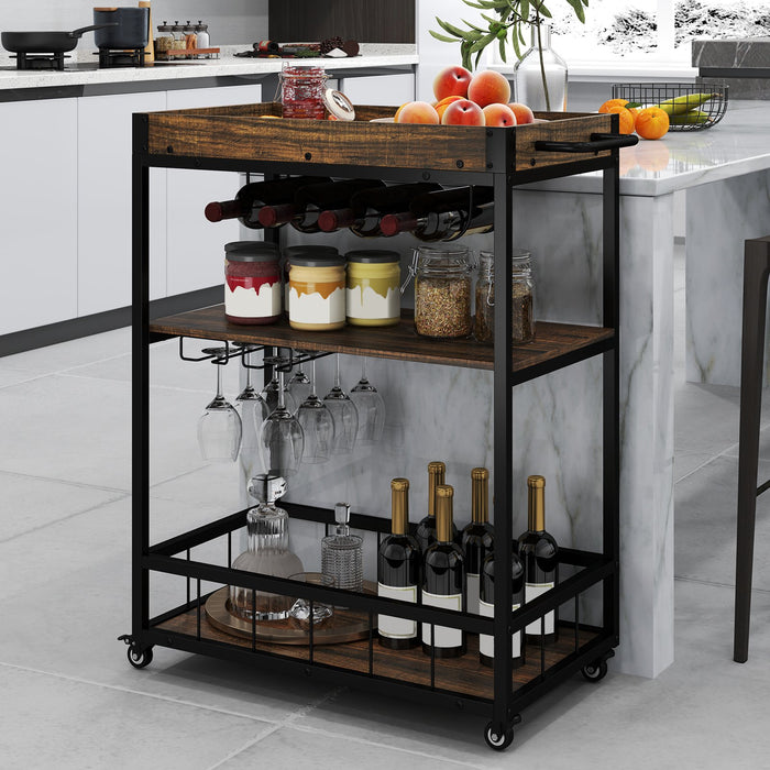 Home Bar Cart on Wheels Kitchen Serving Cart with Removable Tray-