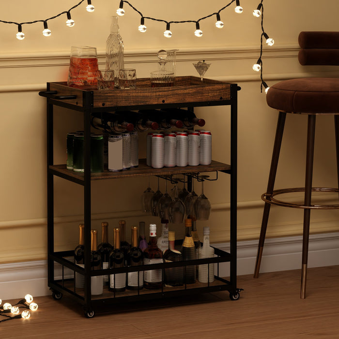 Home Bar Cart on Wheels Kitchen Serving Cart with Removable Tray-