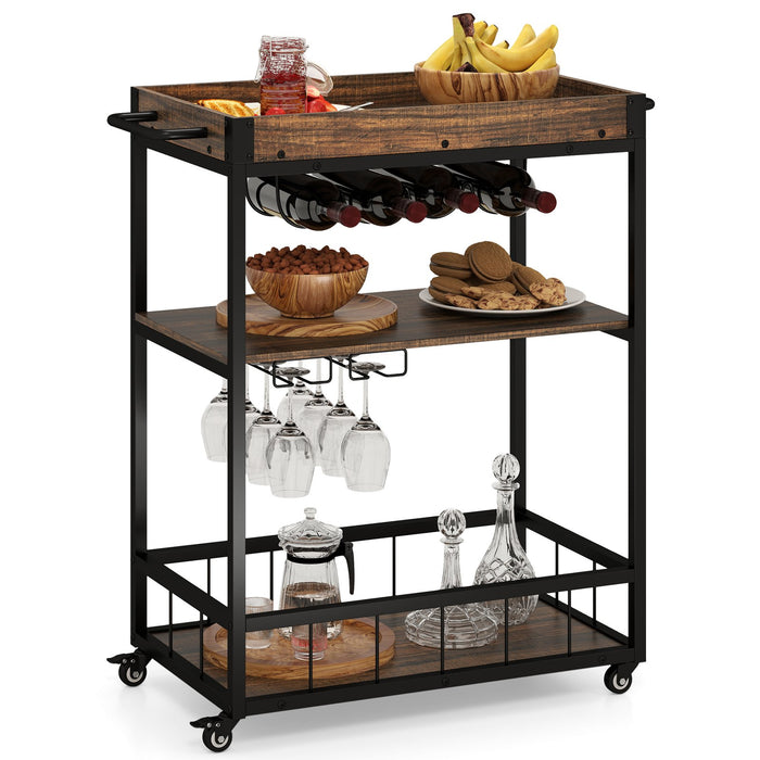 Home Bar Cart on Wheels Kitchen Serving Cart with Removable Tray-