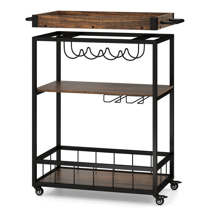 Home Bar Cart on Wheels Kitchen Serving Cart with Removable Tray-