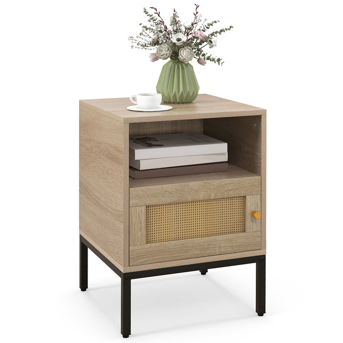 Home Boho Style Nightstand Accent Table with Open Shelf and Door Cabinet-