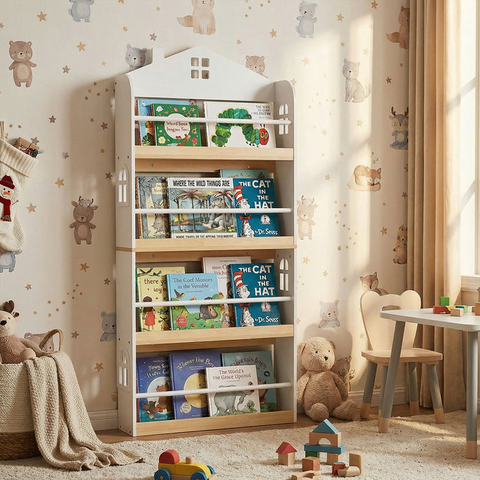 House-Shaped Kids Bookshelf 4-Tier Wooden Book Display Rack with Anti-falling Baffles-White
