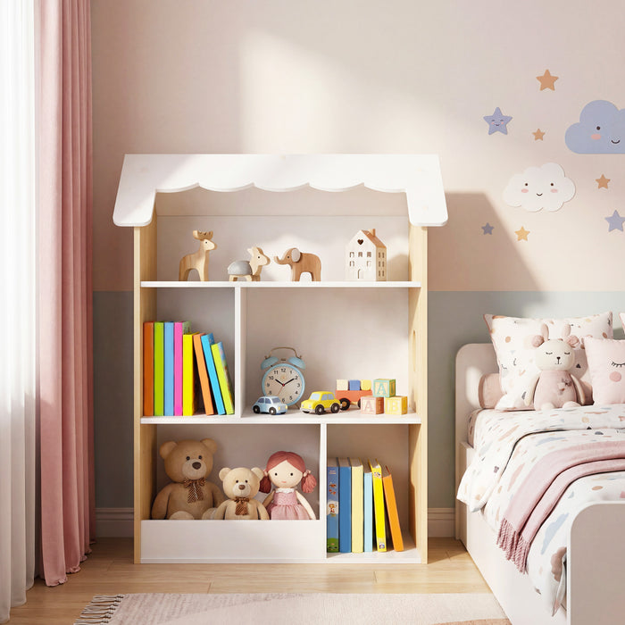 House-Shaped Kids Bookshelf with Roof and Windows for Playroom-