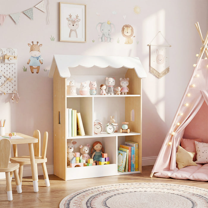 House-Shaped Kids Bookshelf with Roof and Windows for Playroom-