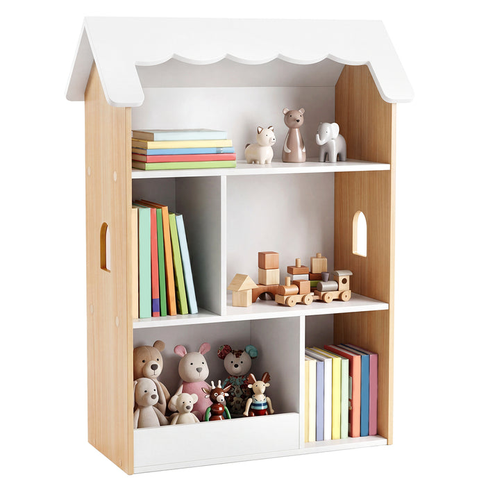 House-Shaped Kids Bookshelf with Roof and Windows for Playroom-