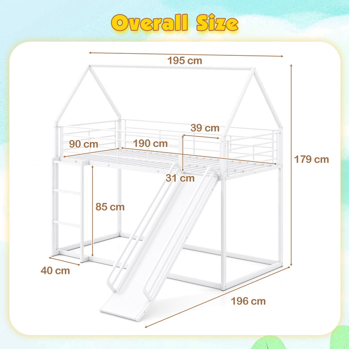190 x 90 cm House Bunk Bed with Slide and Safety Guardrail Ladder-