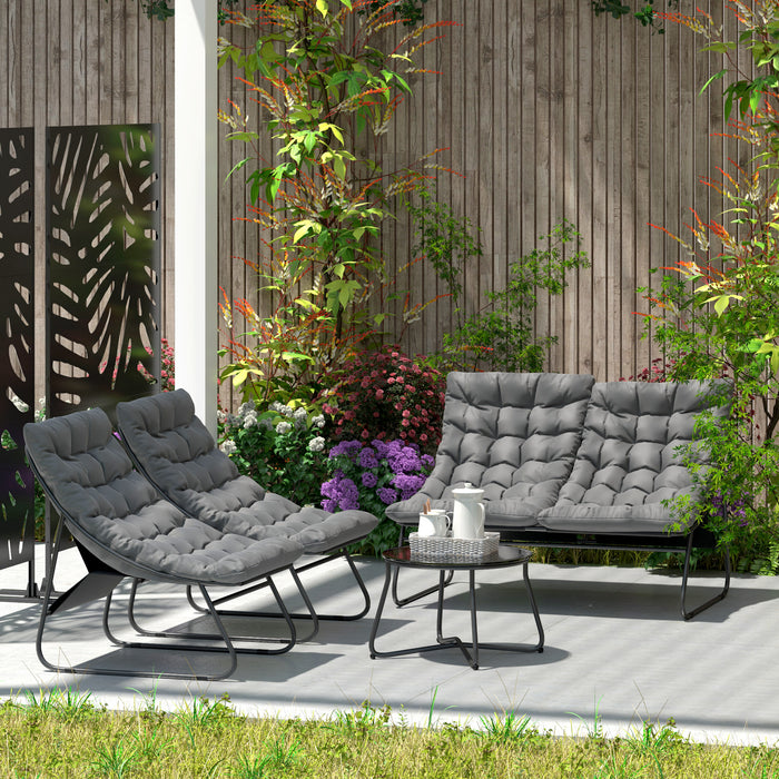 Outsunny 4 Seater Garden Furniture Set, Conversation Set with Loveseat Sofa, Chairs, Glass Coffee Table, Thick Cushions, Steel Outdoor Sofa for Balcony, Poolside, Conservatory, Grey