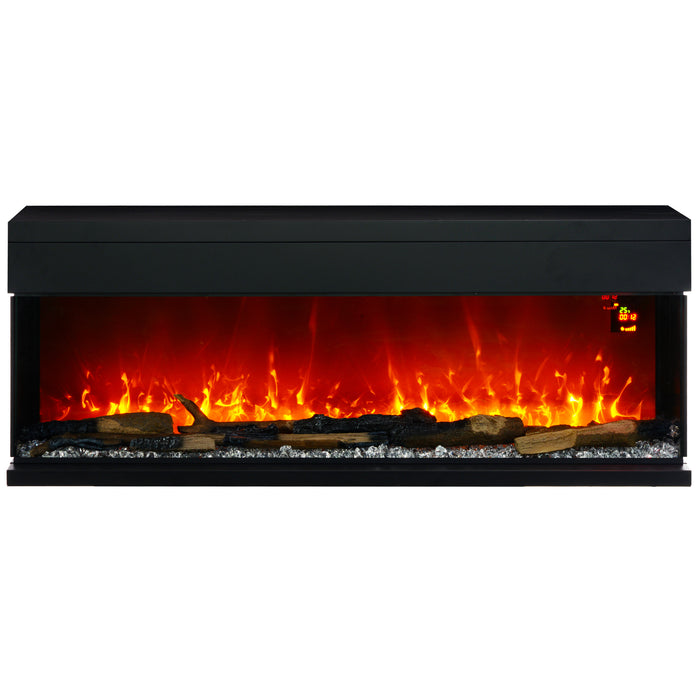 HOMCOM 50inch/ 127cm Media Electric Fireplace Wall Mounted, Recessed, Insert, Freestanding, Glass Electric Fire with Adjustable LED Flame Effect, Log, Crystal, Remote Control, 1800W, Black | Aosom UK