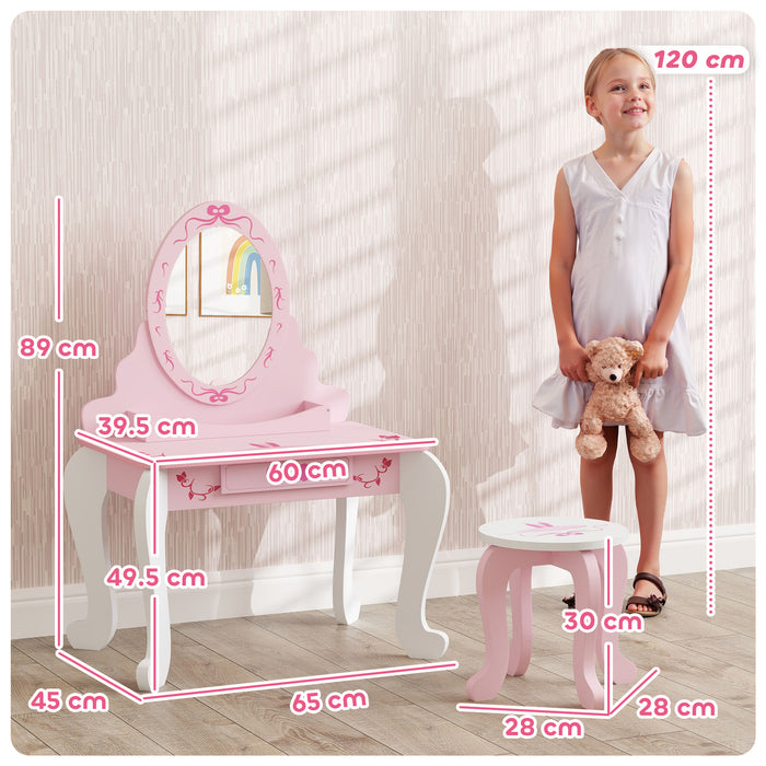 AIYAPLAY Kids Dressing Table Set, Vanity Table with Stool, Mirror, Drawer, Desktop Storage, Ballet Theme, Pink