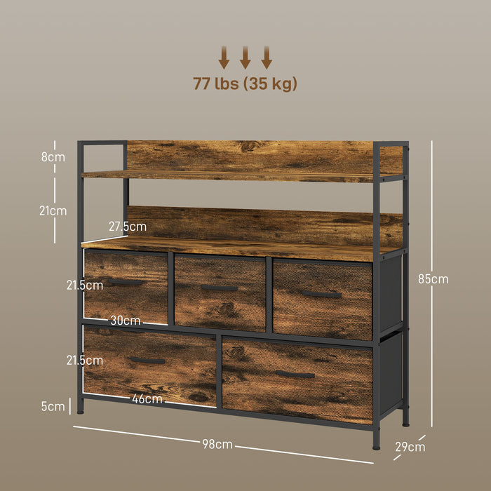 Rustic Wood-Effect Storage Unit - Chest with 5 Brown Fabric Drawers - Ideal Organizer for Bedroom or Living Spaces