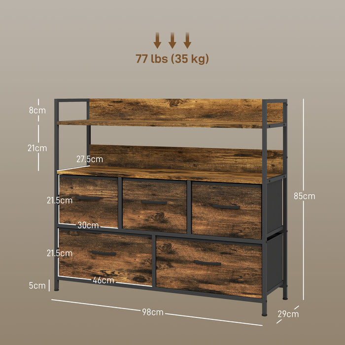 Rustic Wood-Effect Storage Unit - Chest with 5 Brown Fabric Drawers - Ideal Organizer for Bedroom or Living Spaces