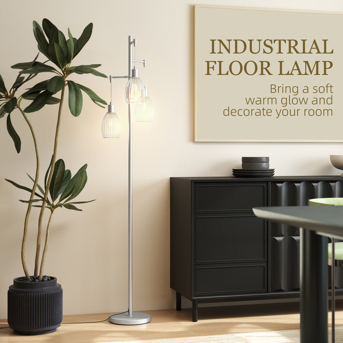 HOMCOM 170cm Industrial 3-Light Floor Lamp, Dimmable Standing Lamp with Steel Lampshades for Living Room, Bedroom, Dinging Room, Study, Silver Tone