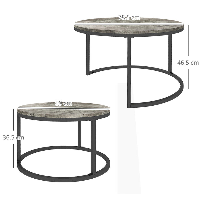Round Nesting Coffee Table Duo - Faux Cement Finish with Robust Steel Frame - Ideal for Living Room Space Optimization