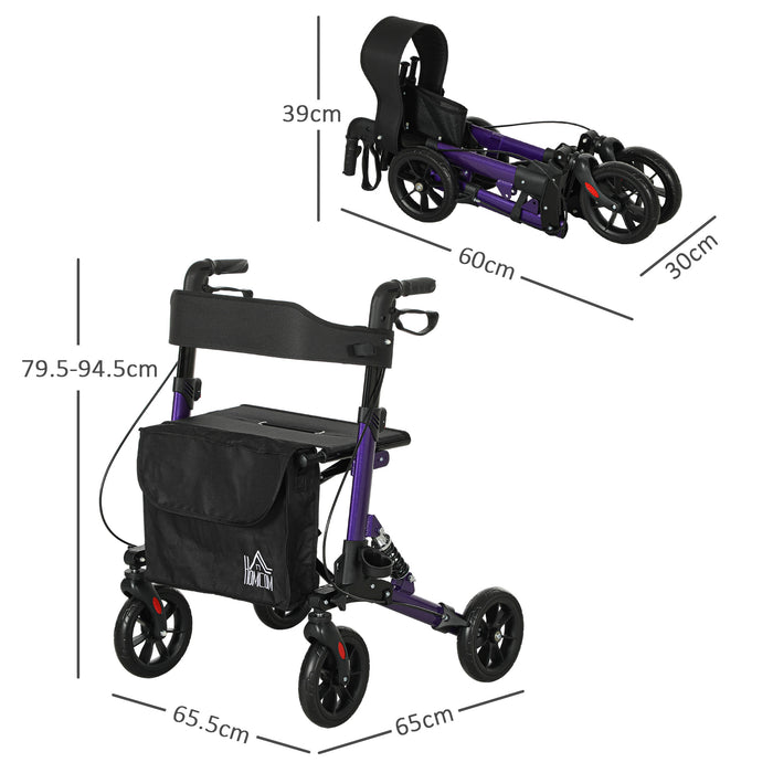 HOMCOM Folding Rollator Walker with Seat, Backrest, Lightweight Walking Frame with Storage Bag, Dual Brakes, Adjustable Handle Height, Suspension System, 4 Wheeled Walker for Seniors, Purple