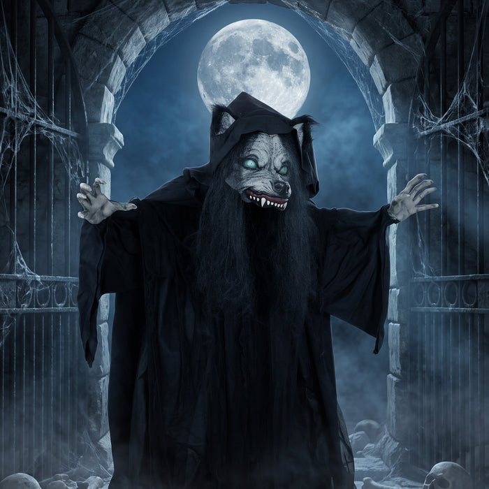 HOMCOM 67"/170cm Life Size Animated Ghost with Werewolf Mask, Halloween Decorations Outdoor Indoor, Scary Halloween Animatronic