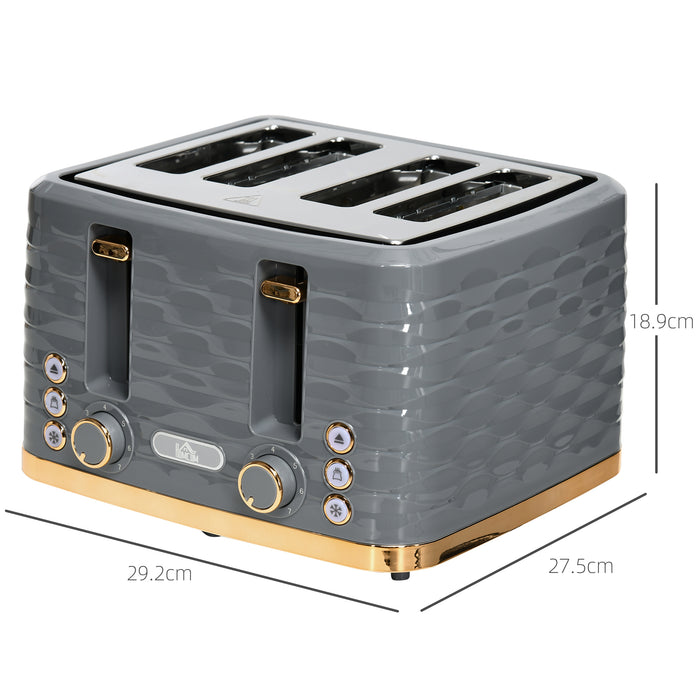 HOMCOM 4 Slice Toaster with 7 Browning Levels, High Lift, Reheat/Defrost/Cancel, Self-centring Function, Removable Crumb Tray, Auto Off, 1600W, Grey Water Ripple Texture