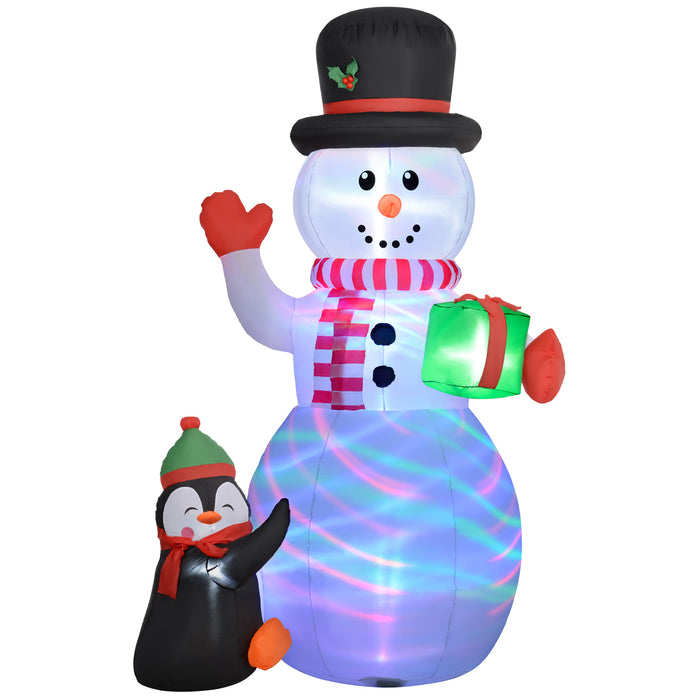 Outsunny 8FT Christmas Inflatable Snowman Holding Gift Box with Penguin, Christmas Blow Up Snowman with Rotating Colorful LED Light for Indoor, Outdoor, Party | Aosom UK