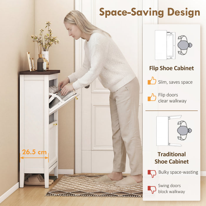 HOMCOM Shoe Cabinet with 2 Flip Drawers, Farmhouse Narrow Shoe Storage Cabinet with Adjustable Shelves, White