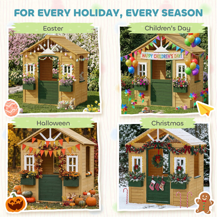 AIYAPLAY Outdoor Kids Playhouse, Wooden Wendy House with Door, 3 Windows, 2 Flower Boxes for Garden, Indoor Playroom