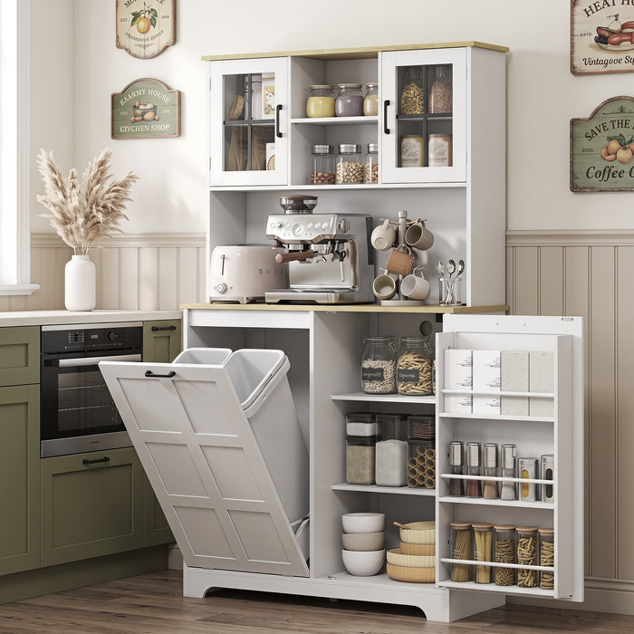 HOMCOM 175cm Tall Kitchen Cabinet, Kitchen Cupboard with Rubbish Bin Cabinet, 3 Door Shelves and 2 Acrylic Doors, White