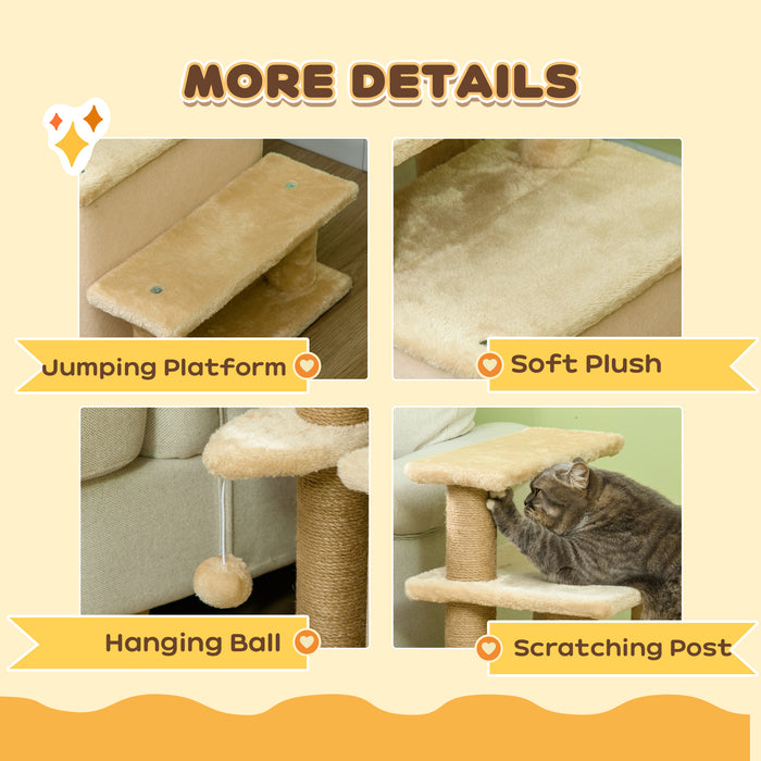 PawHut Adjustable Cat Steps, with House & Hanging Toy Ball - Beige | Aosom UK