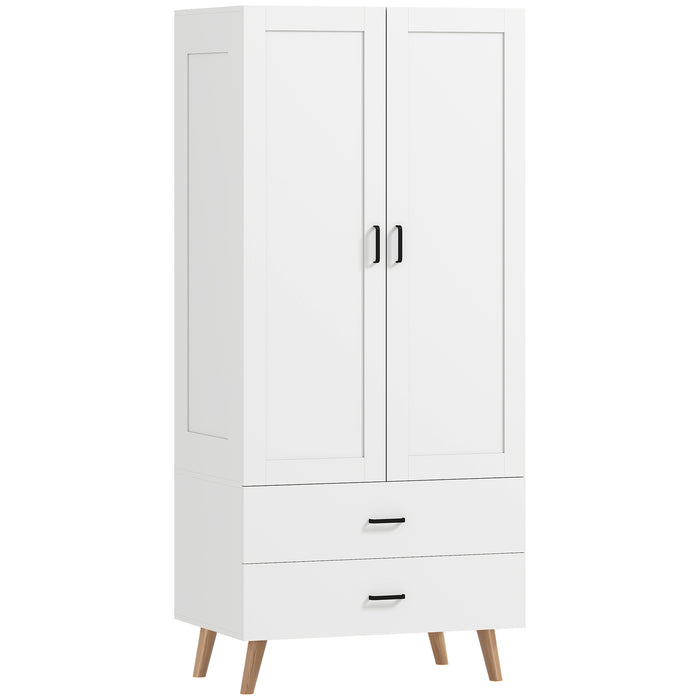 HOMCOM 2-Door Wardrobe, Modern Wardrobe with 2 Drawers and Hanging Rail for Bedroom, White