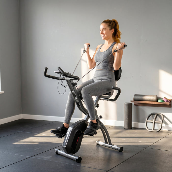 SPORTNOW 3-In-1 Folding Exercise Bike with Resistance Bands, Bluetooth App, 8-Level Magnetic Resistance, LCD Display, Black